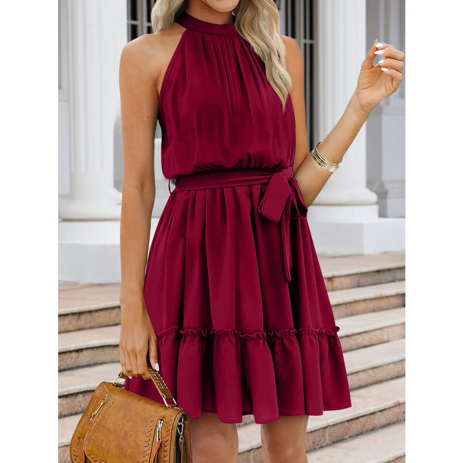 Ruched Grecian Neck Tie Waist Mini Dress Wine / S Apparel and Accessories