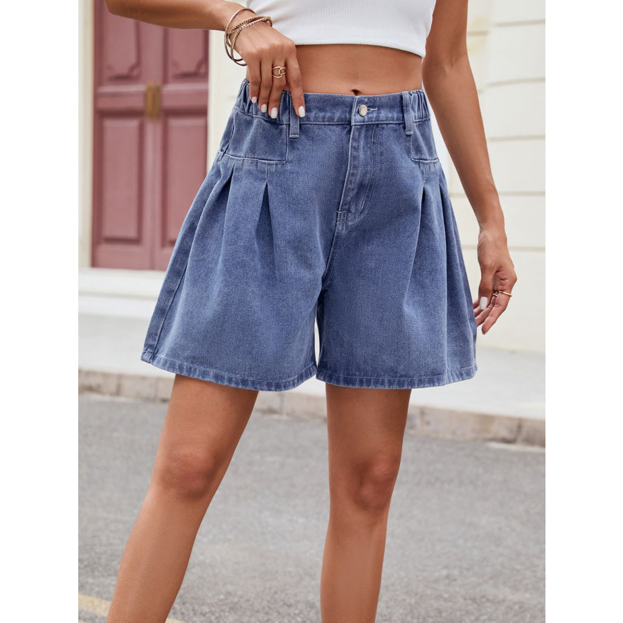 Ruched Half Elastic Waist Denim Shorts Apparel and Accessories