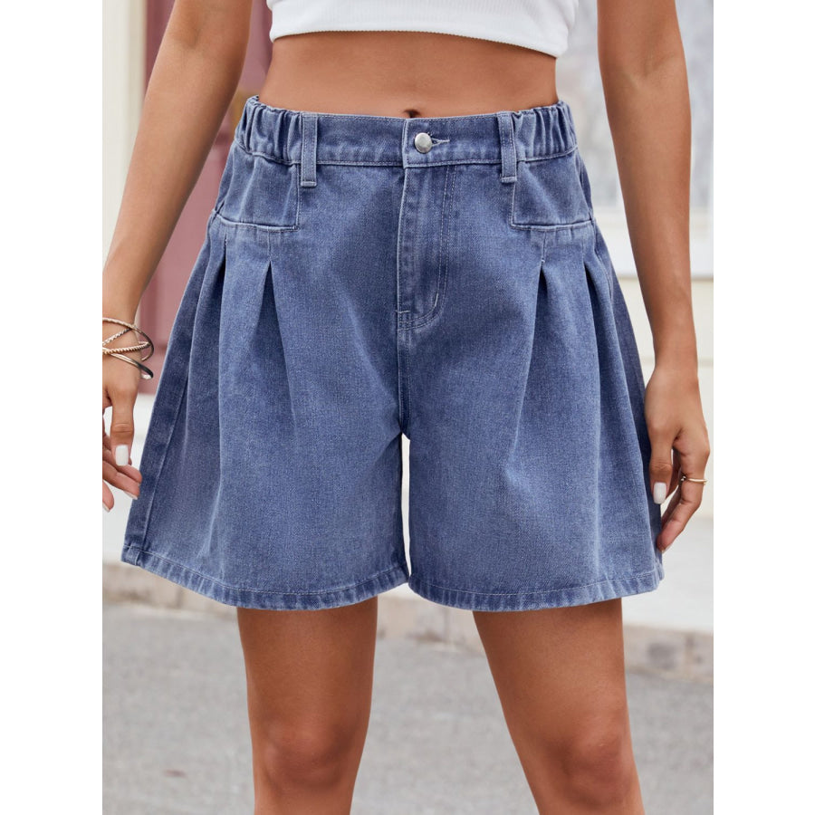 Ruched Half Elastic Waist Denim Shorts Dusty Blue / S Apparel and Accessories