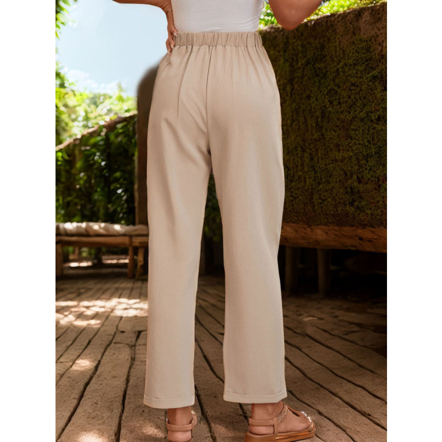 Ruched Half Elastic Waist Pants Dust Storm / S Apparel and Accessories