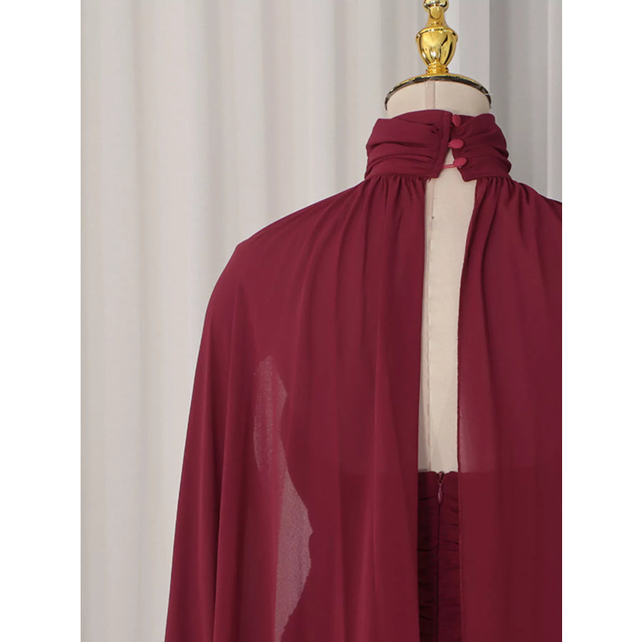 Ruched Halter Neck Cape Maxi Dress Apparel and Accessories