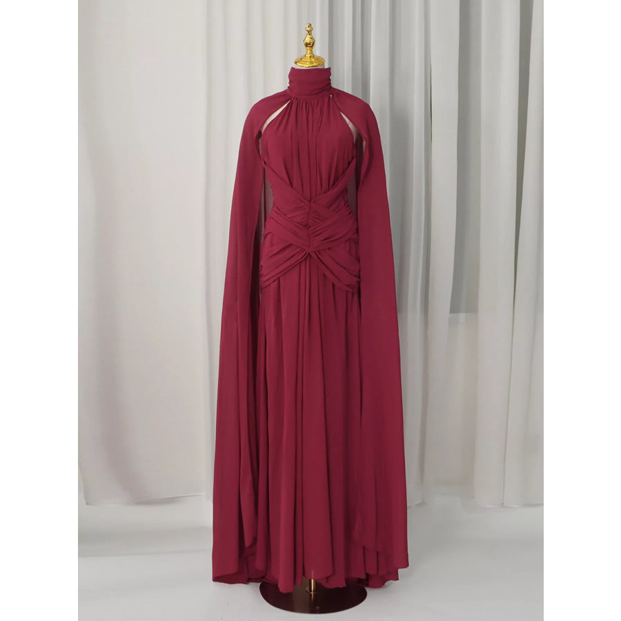 Ruched Halter Neck Cape Maxi Dress Apparel and Accessories
