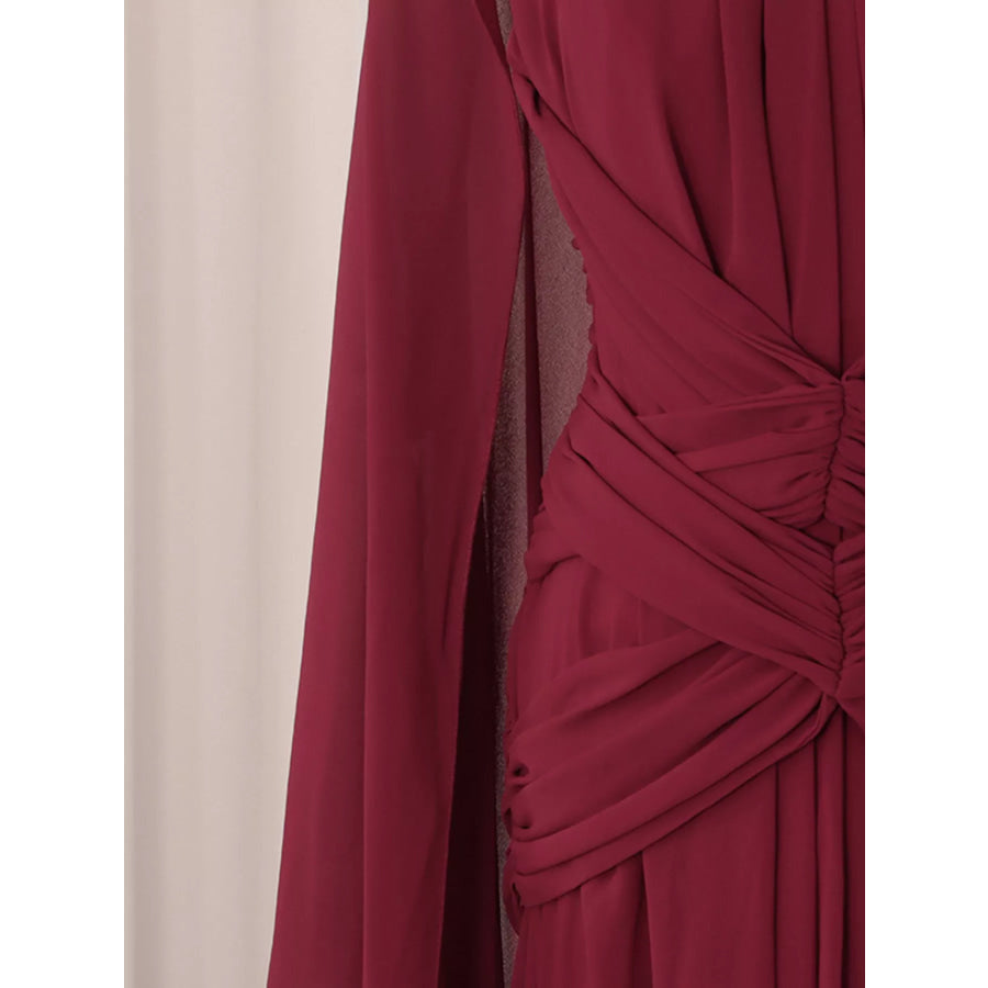 Ruched Halter Neck Cape Maxi Dress Apparel and Accessories
