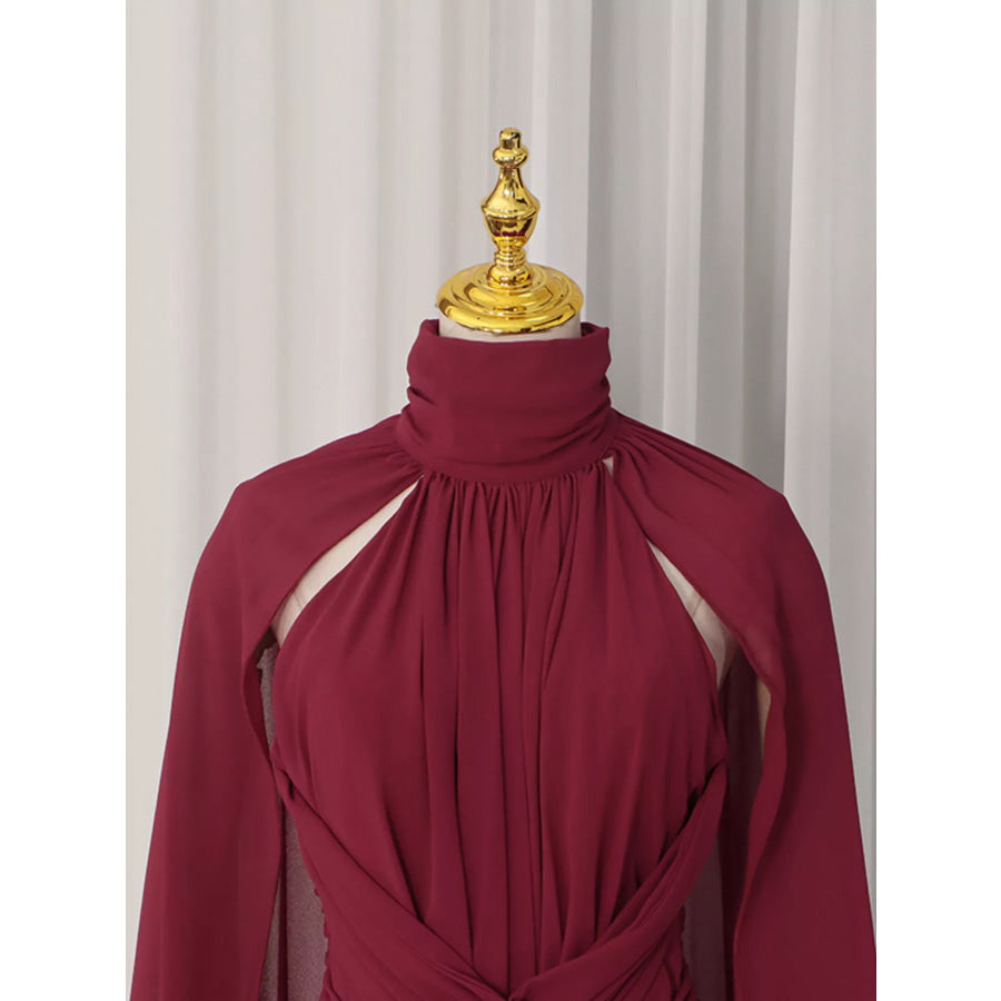 Ruched Halter Neck Cape Maxi Dress Apparel and Accessories