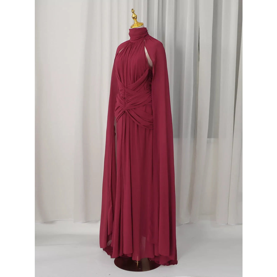 Ruched Halter Neck Cape Maxi Dress Apparel and Accessories