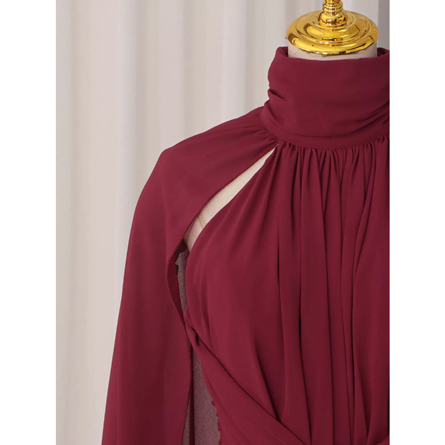 Ruched Halter Neck Cape Maxi Dress Apparel and Accessories