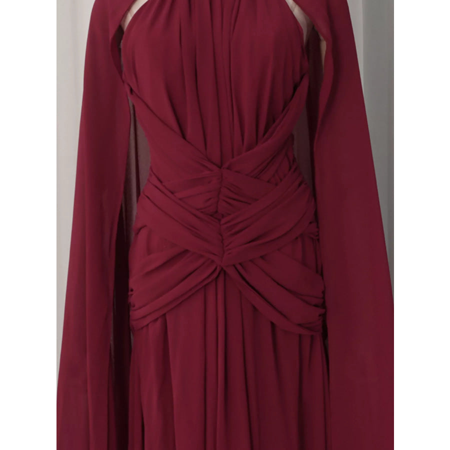 Ruched Halter Neck Cape Maxi Dress Apparel and Accessories