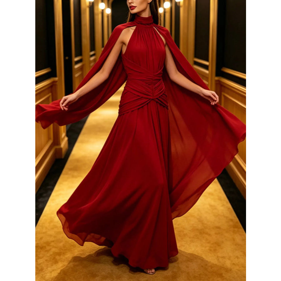 Ruched Halter Neck Cape Maxi Dress Apparel and Accessories