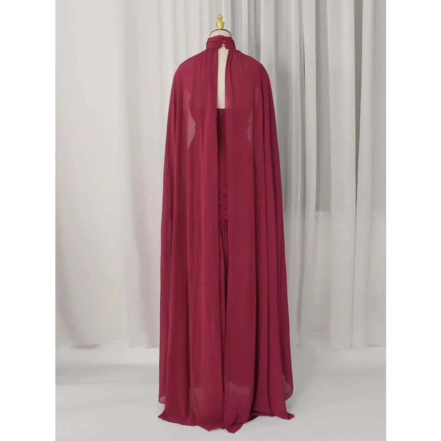 Ruched Halter Neck Cape Maxi Dress Apparel and Accessories
