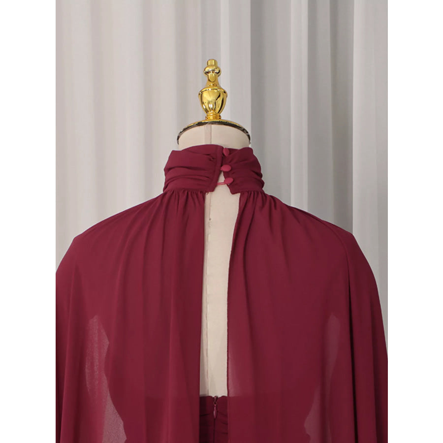 Ruched Halter Neck Cape Maxi Dress Apparel and Accessories