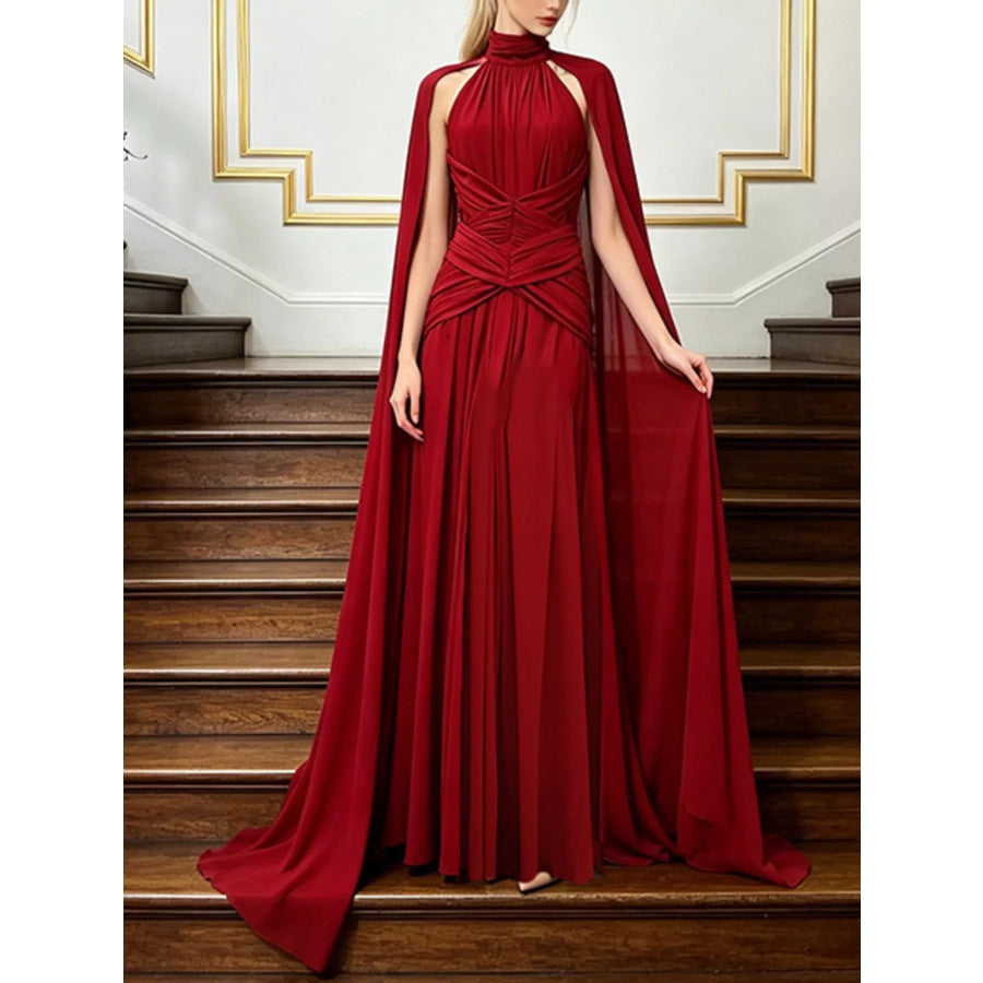 Ruched Halter Neck Cape Maxi Dress Red / S Apparel and Accessories