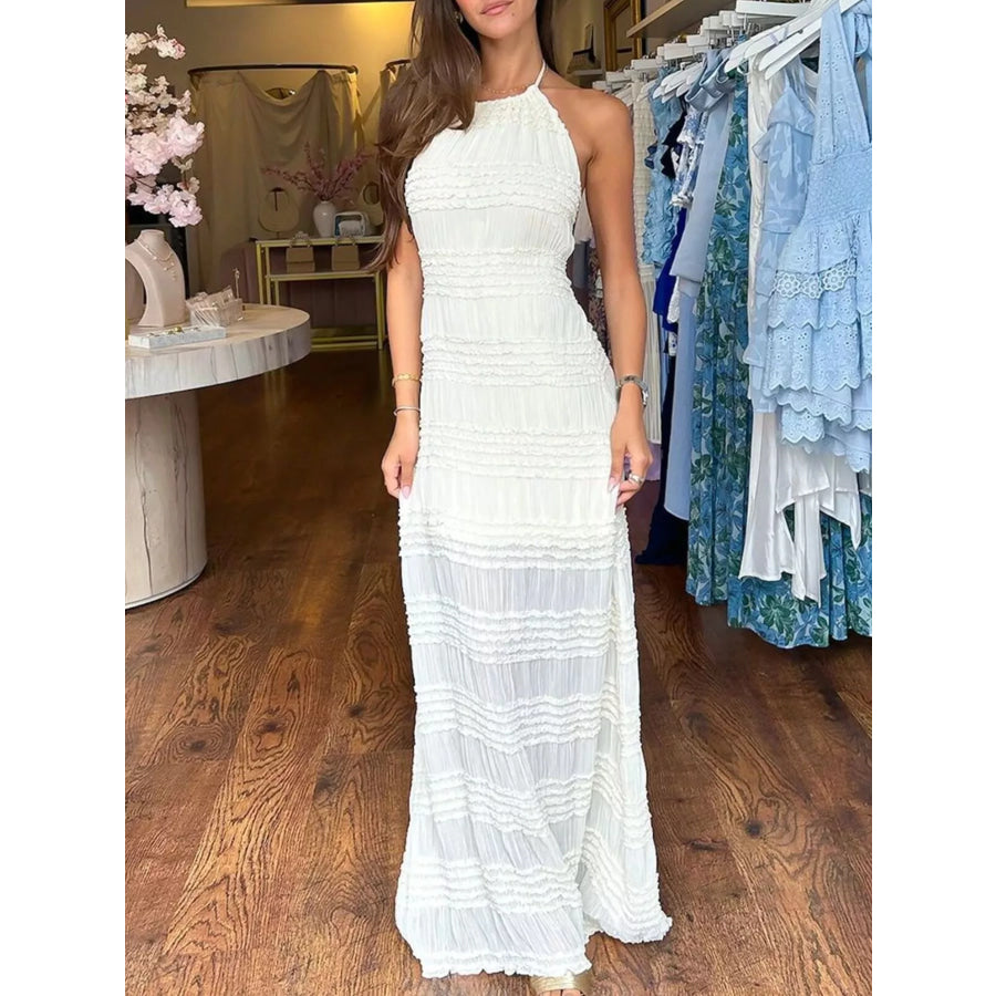 Ruched Halter Neck Maxi Dress Apricot / S Apparel and Accessories