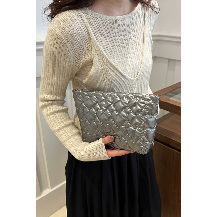 Ruched Heart Clutch with Zipper Dark Gray / One Size Apparel and Accessories