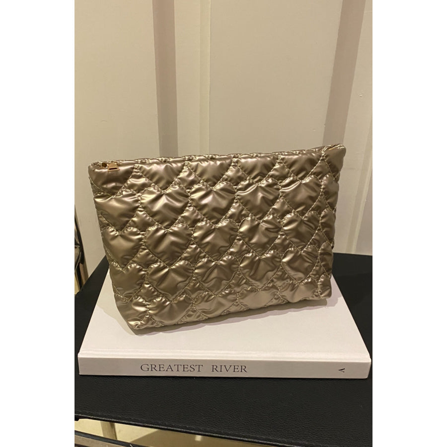 Ruched Heart Clutch with Zipper Gold / One Size Apparel and Accessories