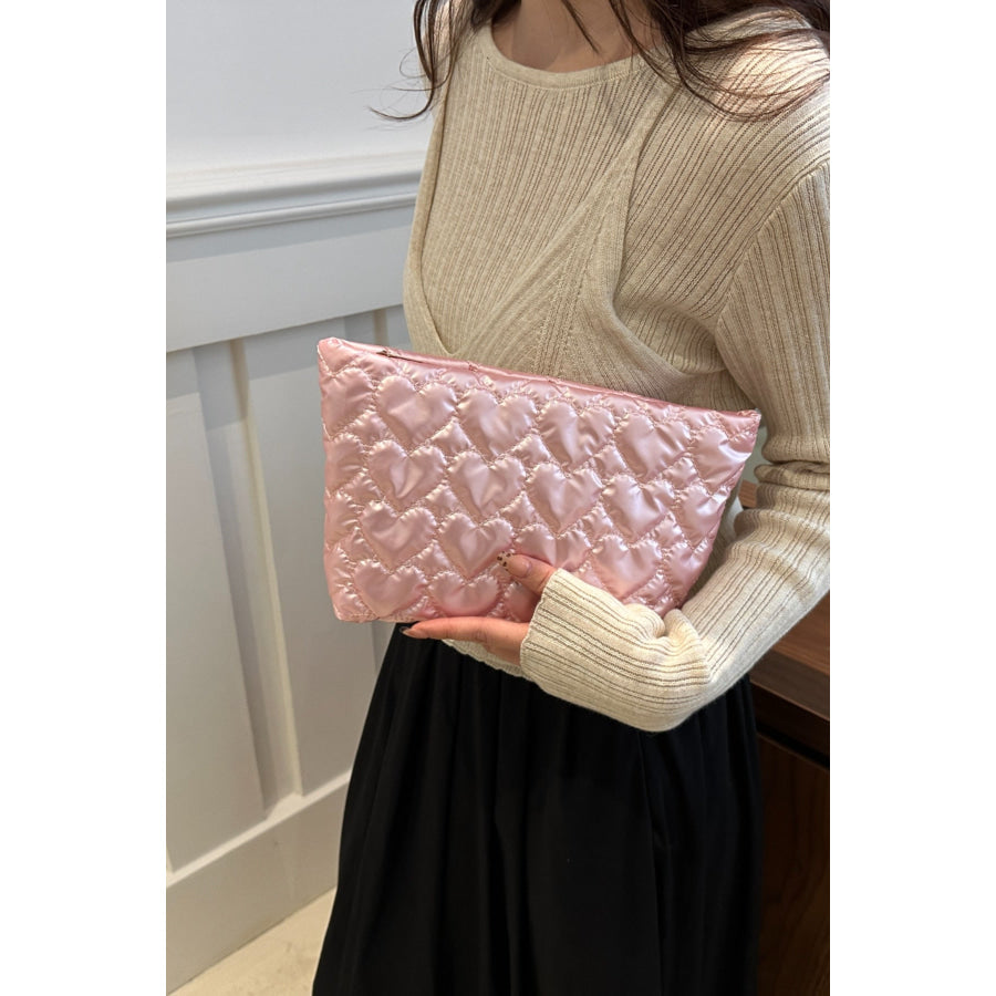 Ruched Heart Clutch with Zipper Pink / One Size Apparel and Accessories