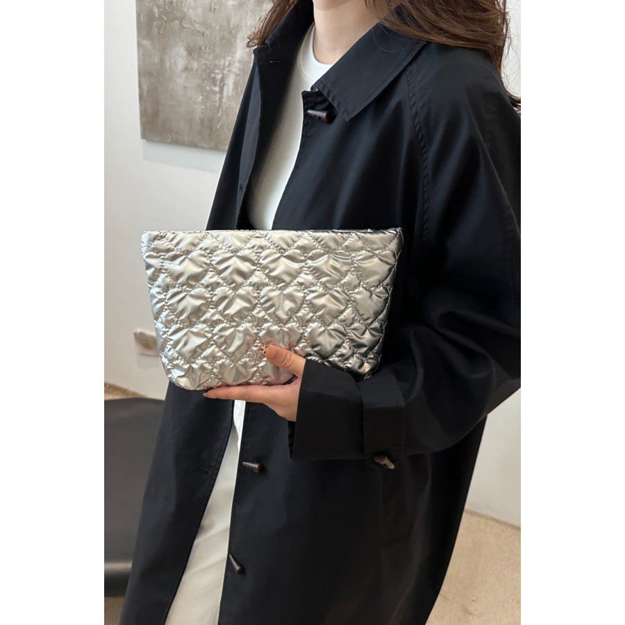 Ruched Heart Clutch with Zipper Silver / One Size Apparel and Accessories