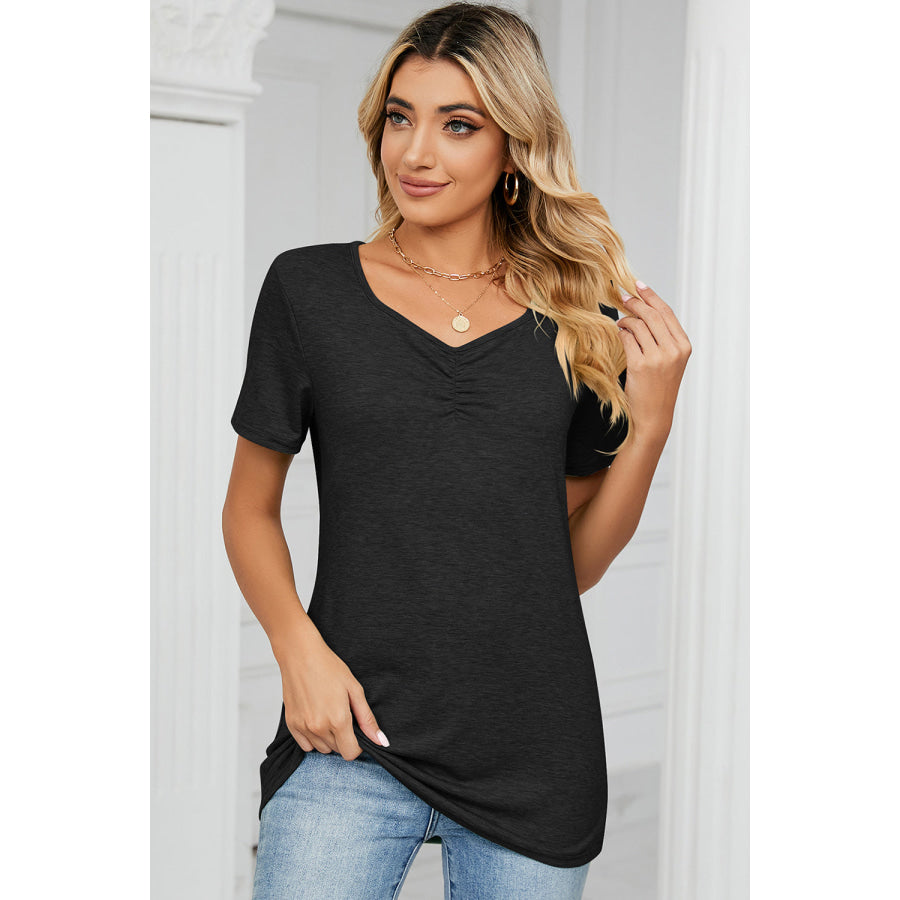 Ruched Heathered Short Sleeve T - Shirt Black / S Apparel and Accessories