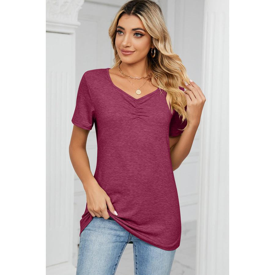Ruched Heathered Short Sleeve T - Shirt Cerise / S Apparel and Accessories