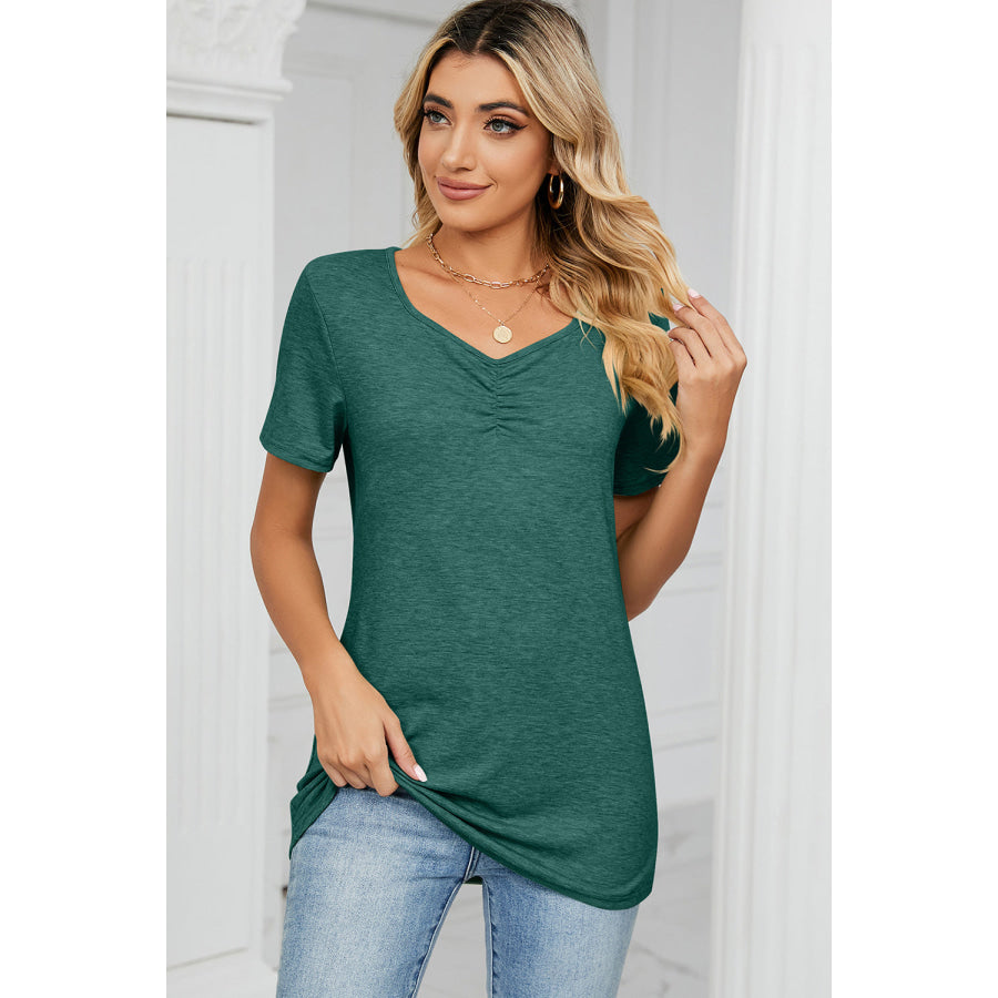 Ruched Heathered Short Sleeve T - Shirt Green / S Apparel and Accessories