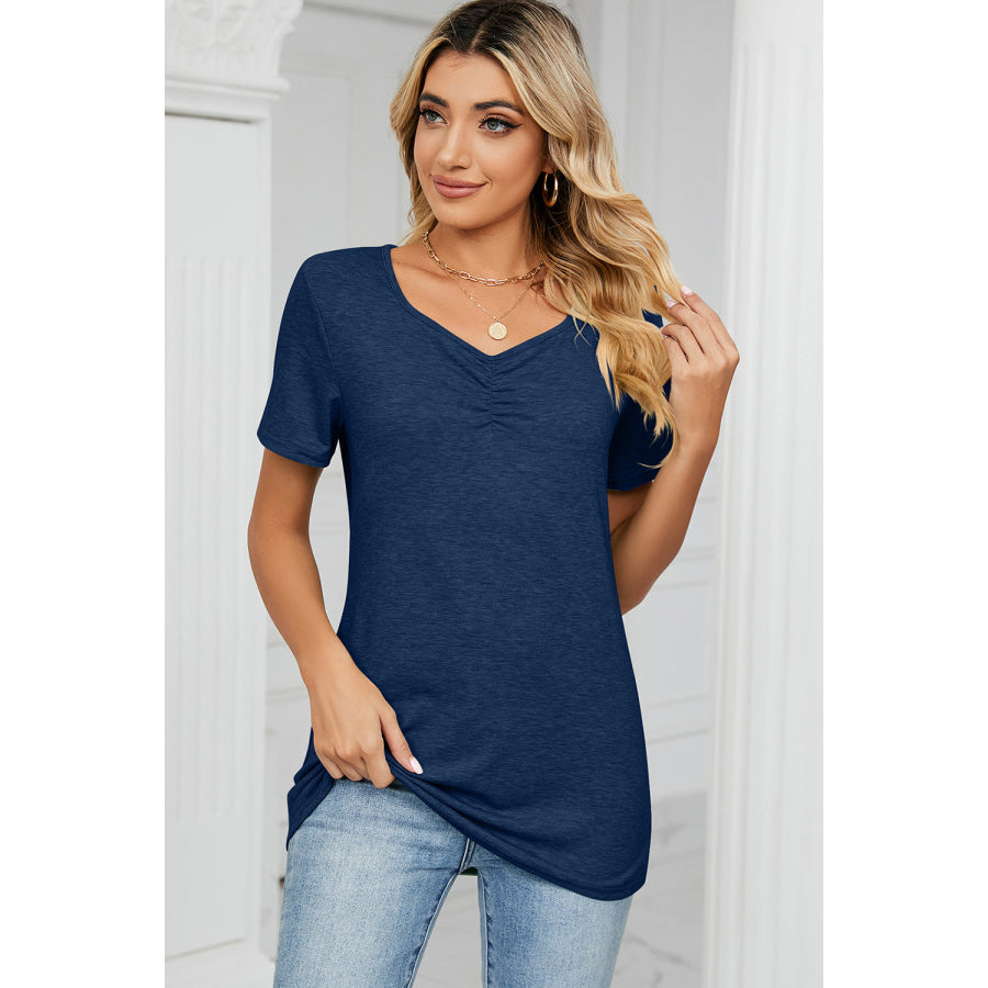 Ruched Heathered Short Sleeve T - Shirt Navy / S Apparel and Accessories