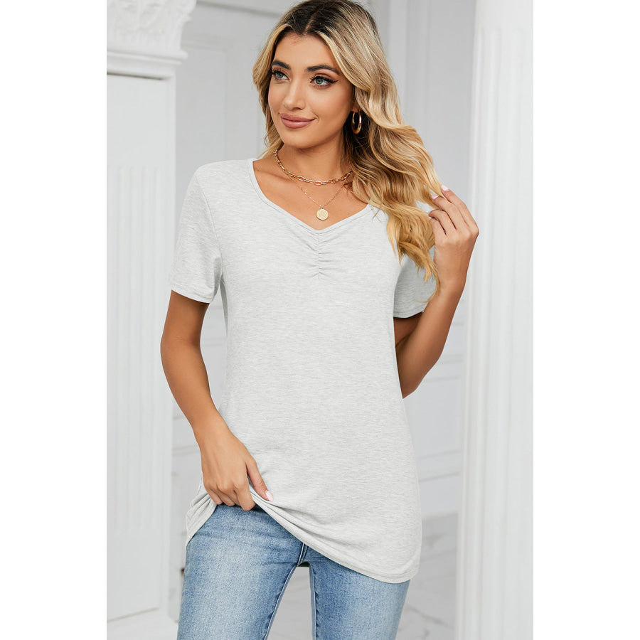 Ruched Heathered Short Sleeve T - Shirt White / S Apparel and Accessories