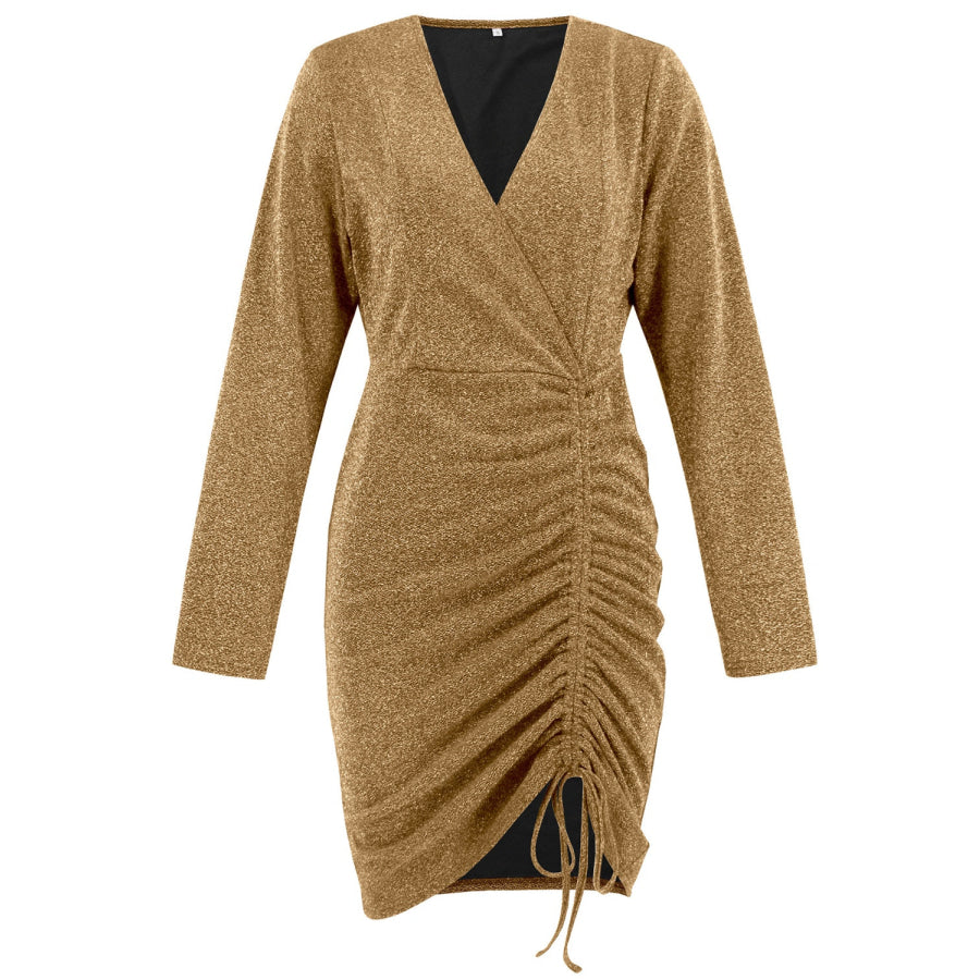 Ruched Heathered Surplice Long Sleeve Mini Dress Apparel and Accessories