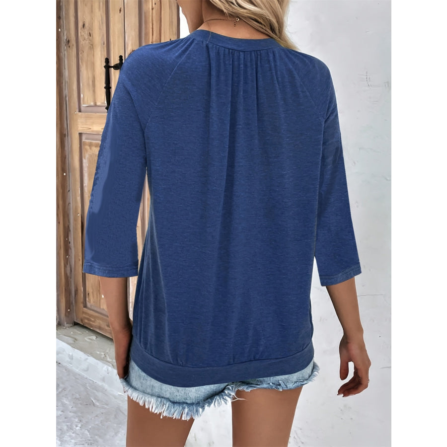 Ruched Heathered V-Neck Three-Quarter Sleeve T-Shirt Apparel and Accessories