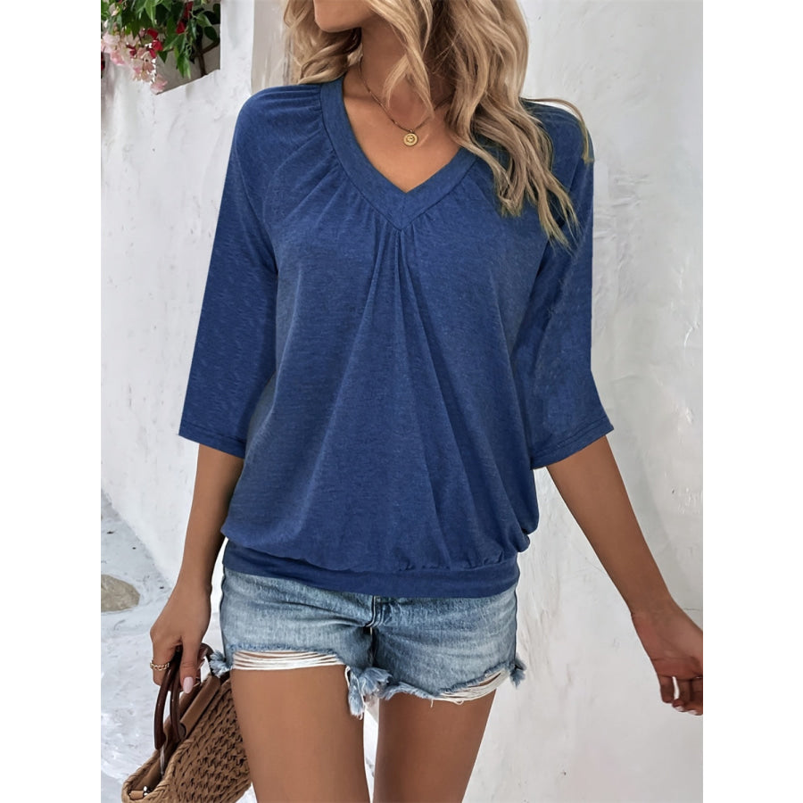 Ruched Heathered V-Neck Three-Quarter Sleeve T-Shirt Apparel and Accessories