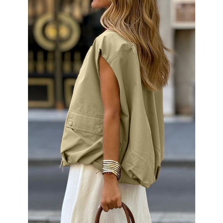 Ruched Hem Zip Up Vest Khaki / S Apparel and Accessories