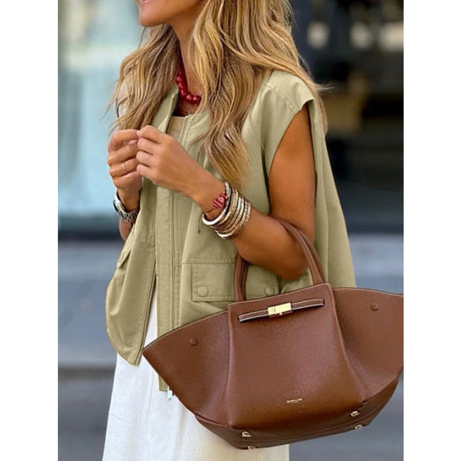 Ruched Hem Zip Up Vest Khaki / S Apparel and Accessories