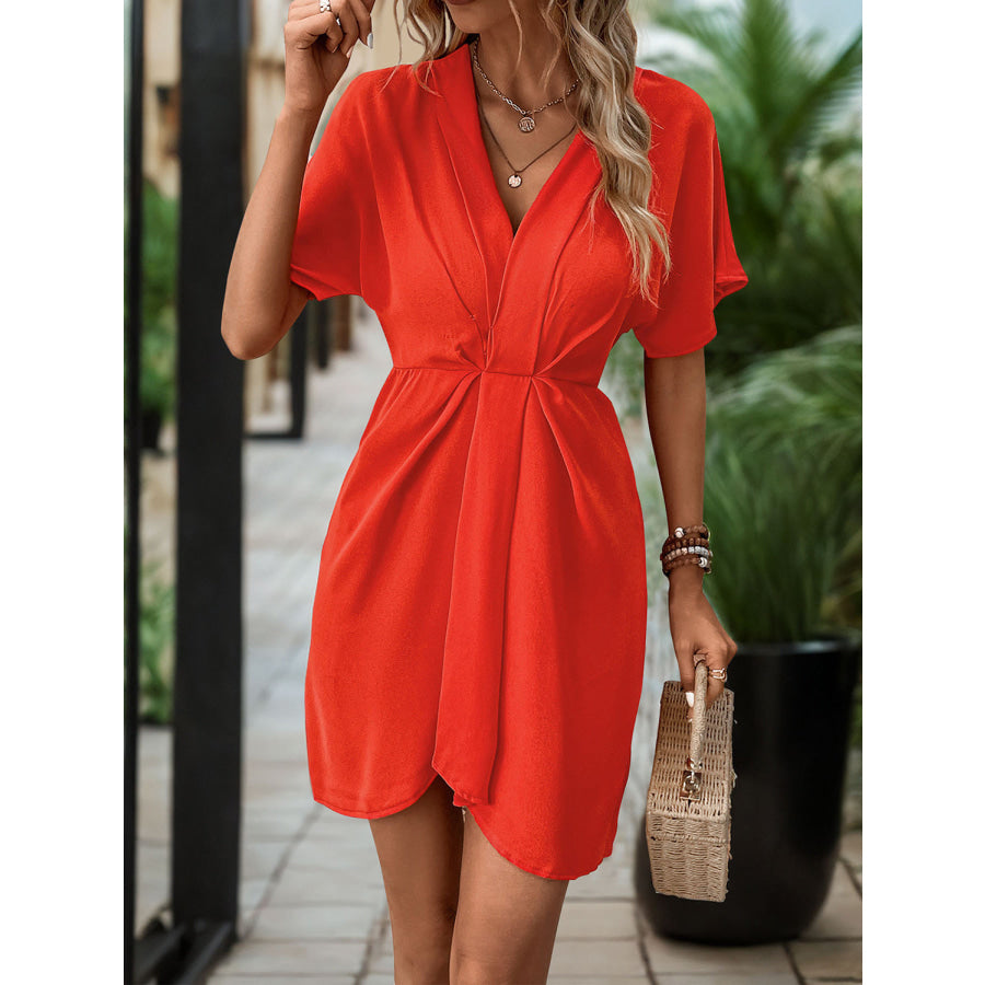 Ruched High-Low Short Sleeve Dress Red / S Apparel and Accessories