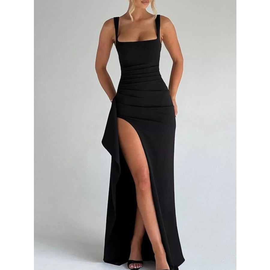 Ruched High-Slit Maxi Dress Black / XS Apparel and Accessories