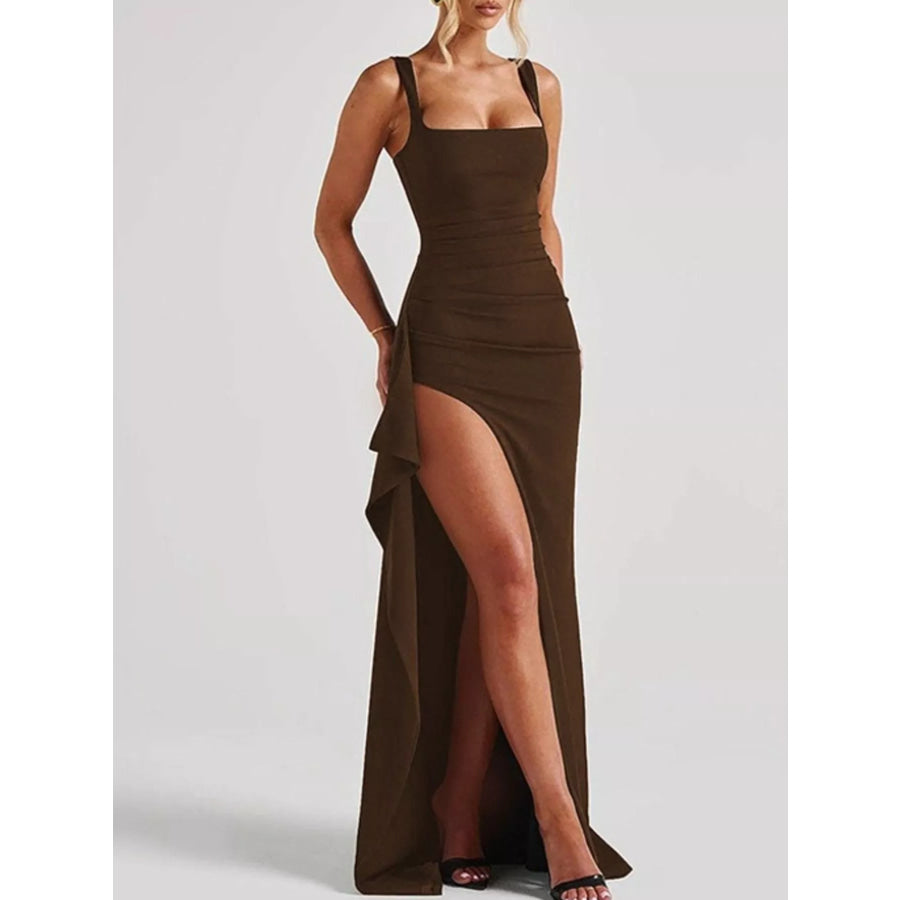 Ruched High-Slit Maxi Dress Brown / XS Apparel and Accessories