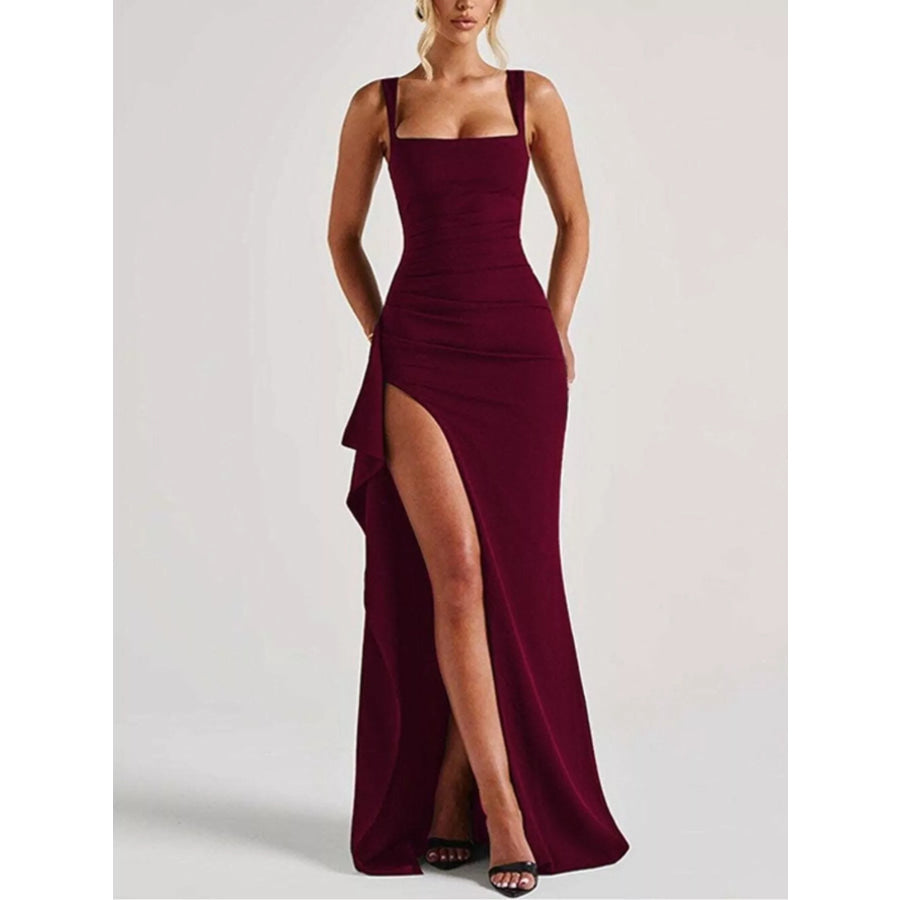 Ruched High-Slit Maxi Dress Burgundy / XS Apparel and Accessories