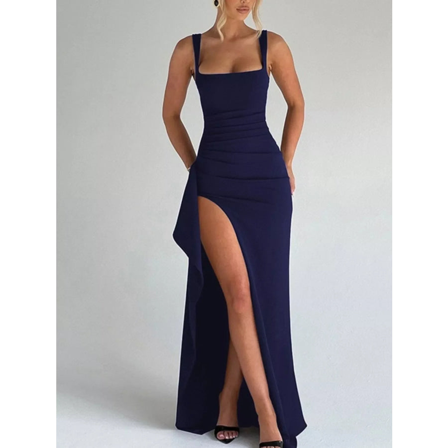 Ruched High-Slit Maxi Dress Navy Blue / XS Apparel and Accessories