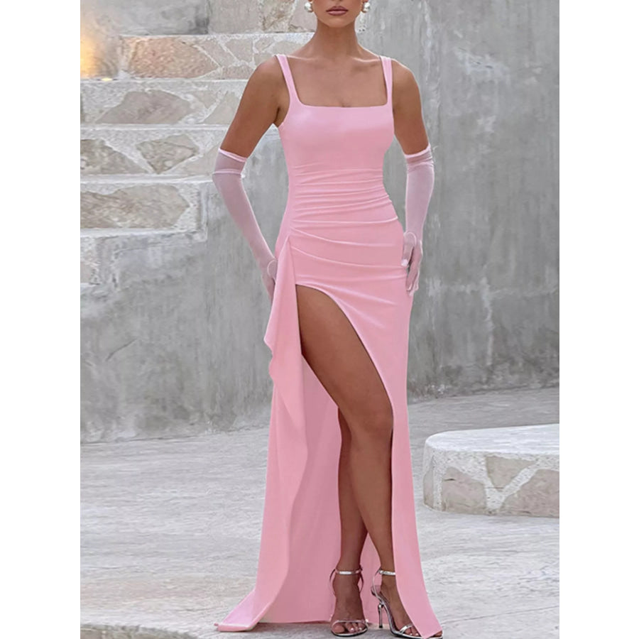 Ruched High-Slit Maxi Dress Pink / XS Apparel and Accessories