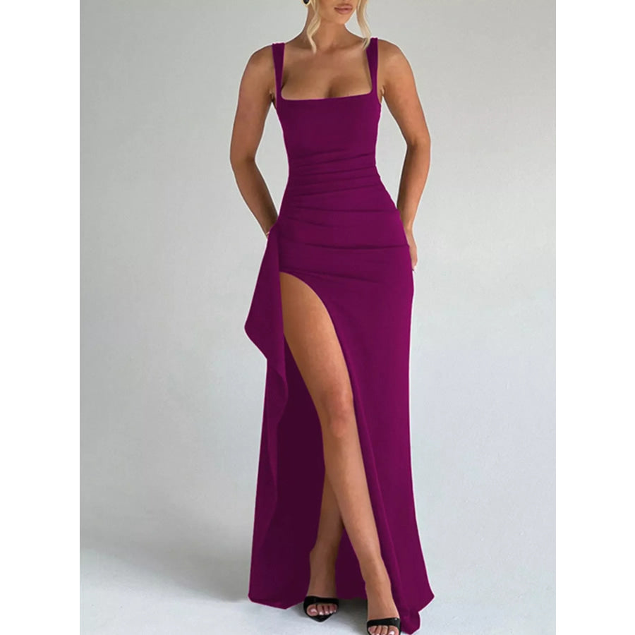 Ruched High-Slit Maxi Dress Purple / XS Apparel and Accessories