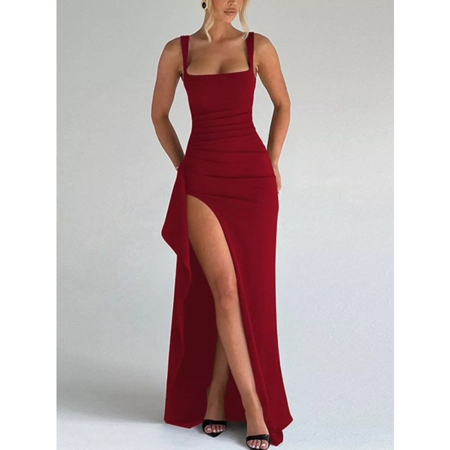 Ruched High-Slit Maxi Dress Red / XS Apparel and Accessories
