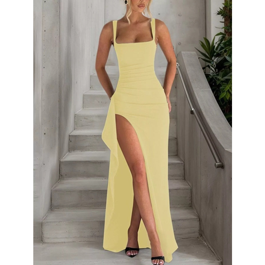 Ruched High-Slit Maxi Dress Yellow / XS Apparel and Accessories