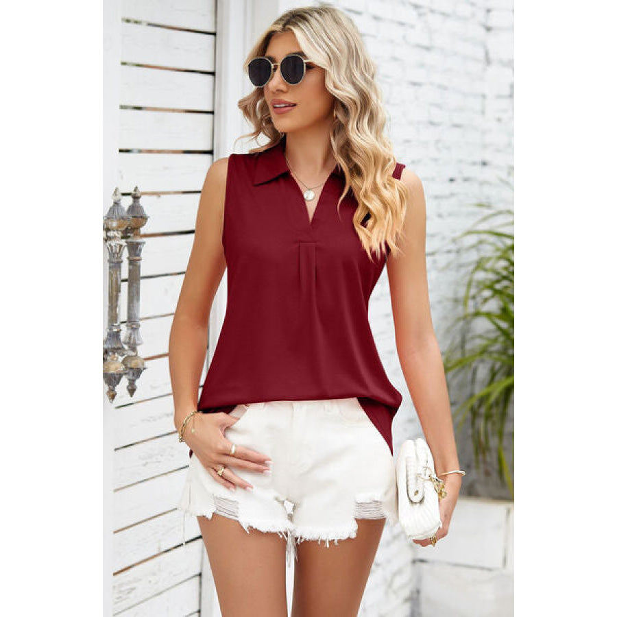 Ruched Johnny Collar Tank Wine / S Apparel and Accessories