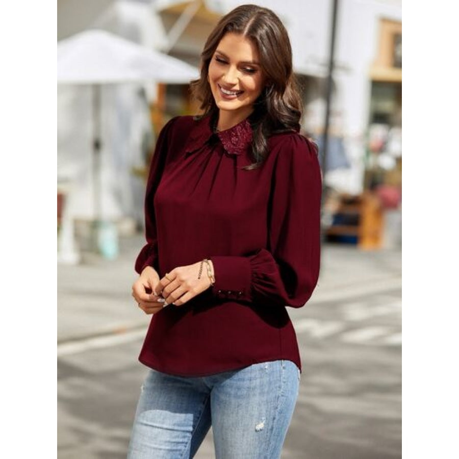 Ruched Keyhole Lantern Sleeve Shirt Clothing