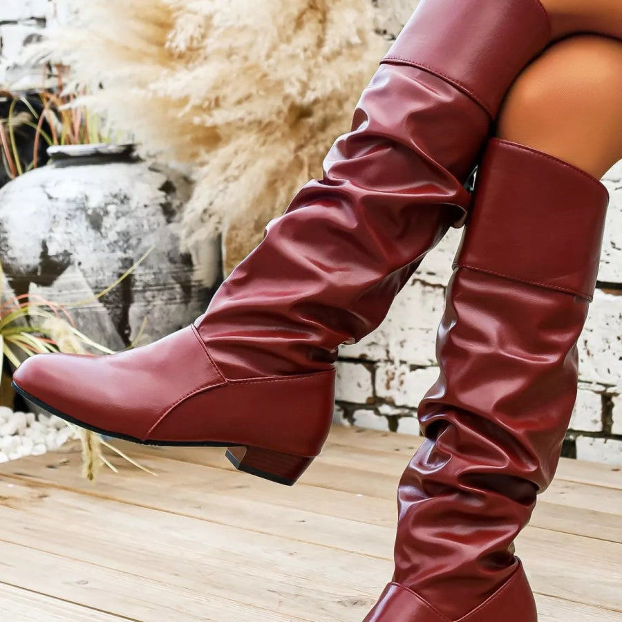 Ruched Knee-High Low Block Heel Boots Apparel and Accessories