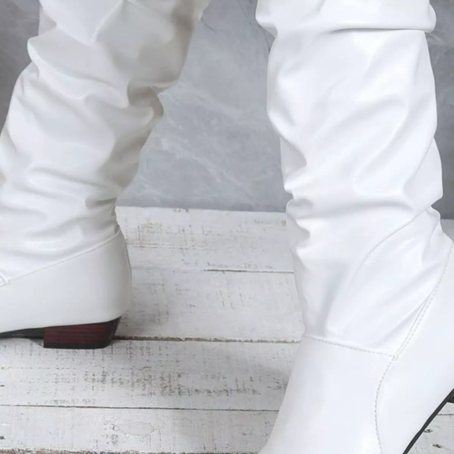 Ruched Knee-High Low Block Heel Boots Apparel and Accessories