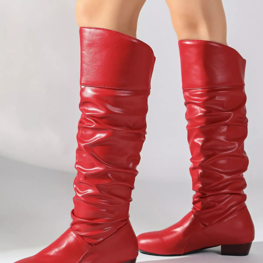 Ruched Knee-High Low Block Heel Boots Apparel and Accessories
