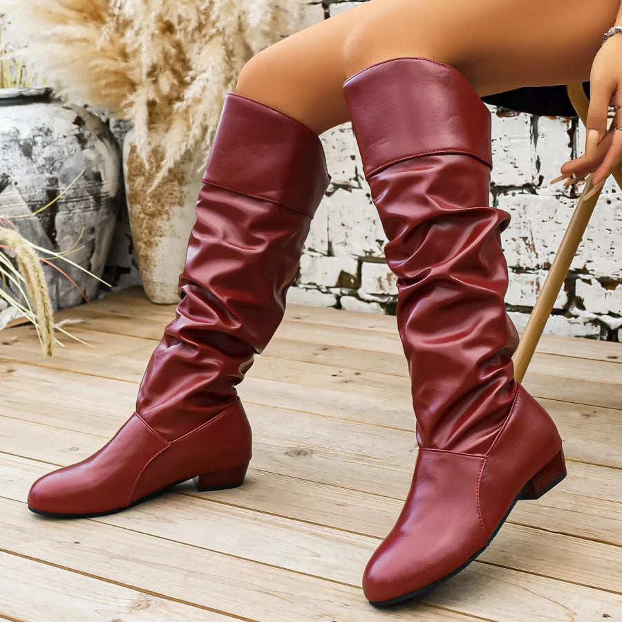 Ruched Knee-High Low Block Heel Boots Brown / 36 Apparel and Accessories