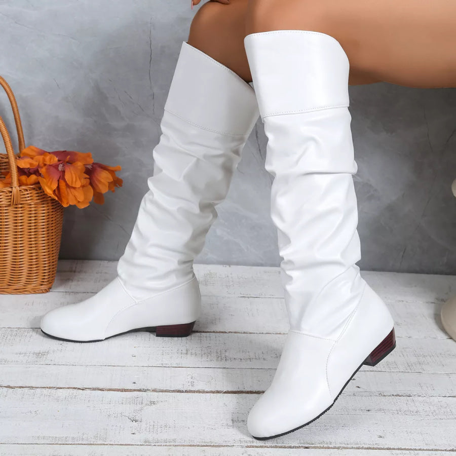 Ruched Knee-High Low Block Heel Boots White / 36 Apparel and Accessories