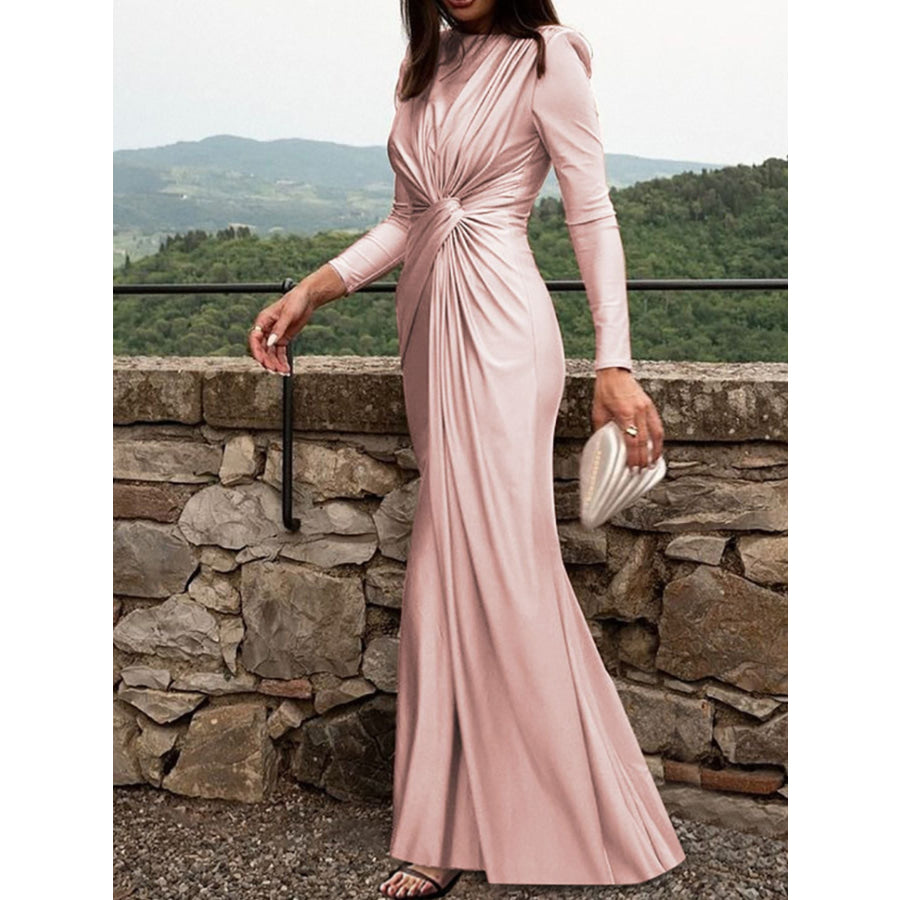 Ruched Knot Front Long Sleeve Maxi Dress Apparel and Accessories