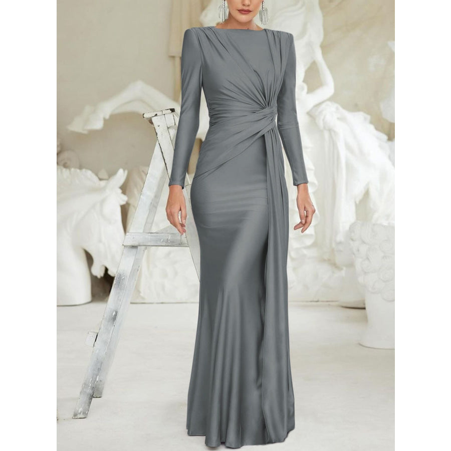 Ruched Knot Front Long Sleeve Maxi Dress Apparel and Accessories