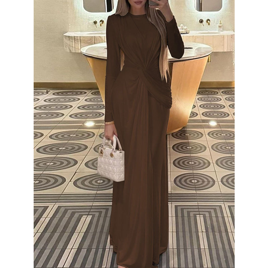 Ruched Knot Front Long Sleeve Maxi Dress Apparel and Accessories
