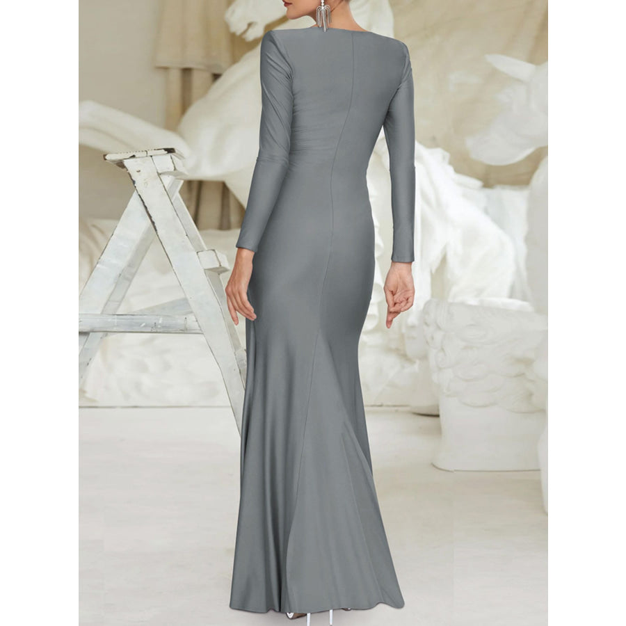 Ruched Knot Front Long Sleeve Maxi Dress Apparel and Accessories